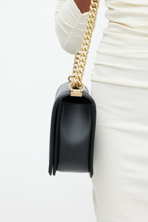 Chanel 2019 Black Caviar Leather & Gold Large Boy Bag
