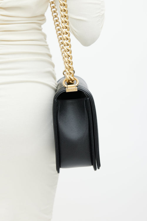 Chanel 2019 Black Caviar Leather & Gold Large Boy Bag