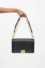 Chanel 2019 Black Caviar Leather & Gold Large Boy Bag