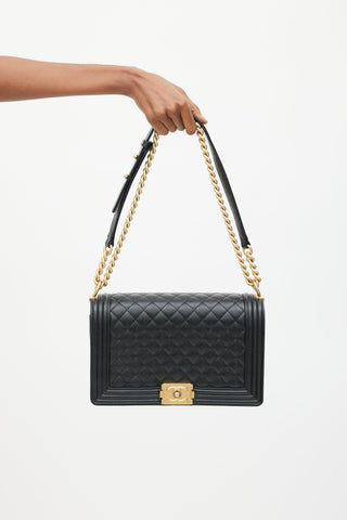Chanel 2019 Black Caviar Leather & Gold Large Boy Bag