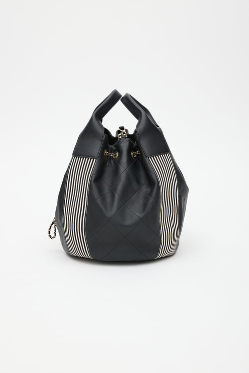 Chanel 2019 Black & White Stitched Drawstring Leather Bag
