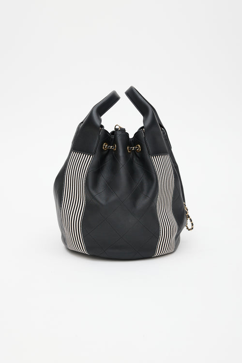 Chanel 2019 Black & White Stitched Drawstring Leather Bag