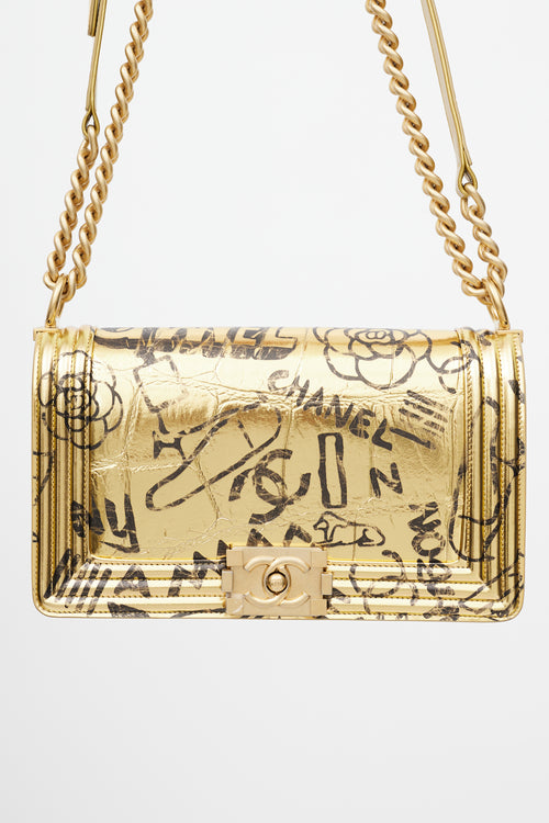 Chanel 2019 Gold & Black Graffiti Boy Flap Embossed Bag