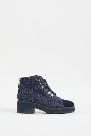 Chanel 2020 Navy & Multicolour Tweed CC Combat Boot