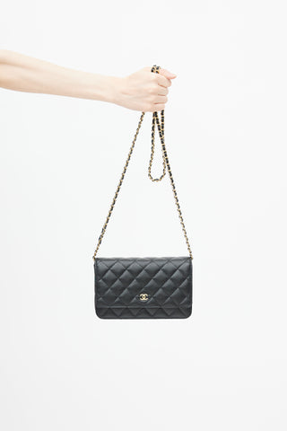 2022 Black Quilted Caviar Leather Wallet On Chain
