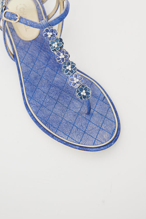 Chanel Blue Leather Flower Embellished Sandal
