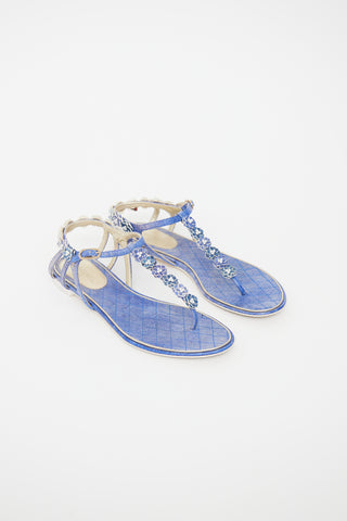 Chanel Blue Leather Flower Embellished Sandal