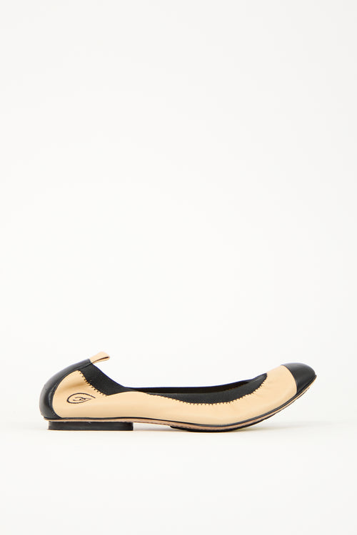 Chanel Beige & Black Leather CC Ballet Flat