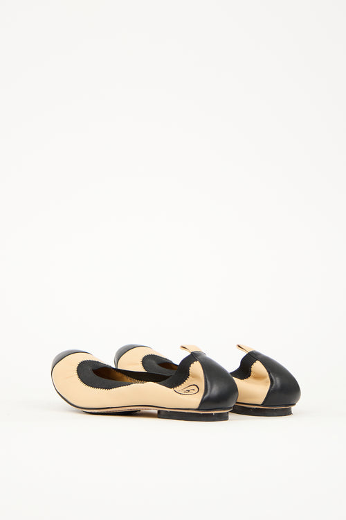 Chanel Beige & Black Leather CC Ballet Flat