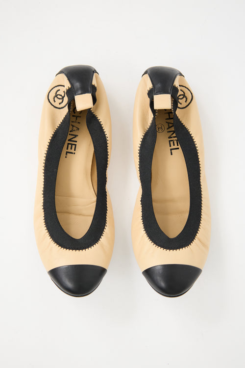 Chanel Beige & Black Leather CC Ballet Flat