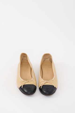 Chanel Beige & Black Leather CC Ballet Flat