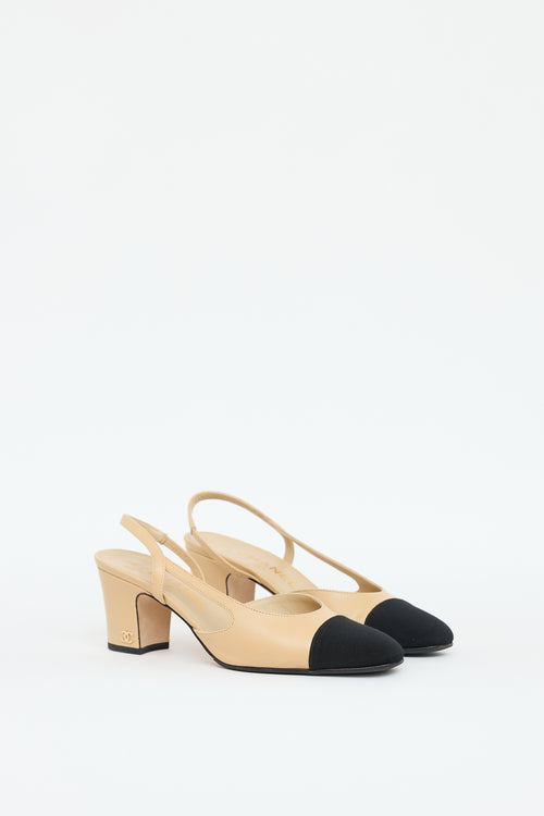 Chanel Beige & Black Leather Slingback Heel