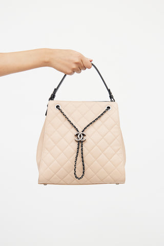 Chanel Beige & Black Caviar Quilted Bucket Bag