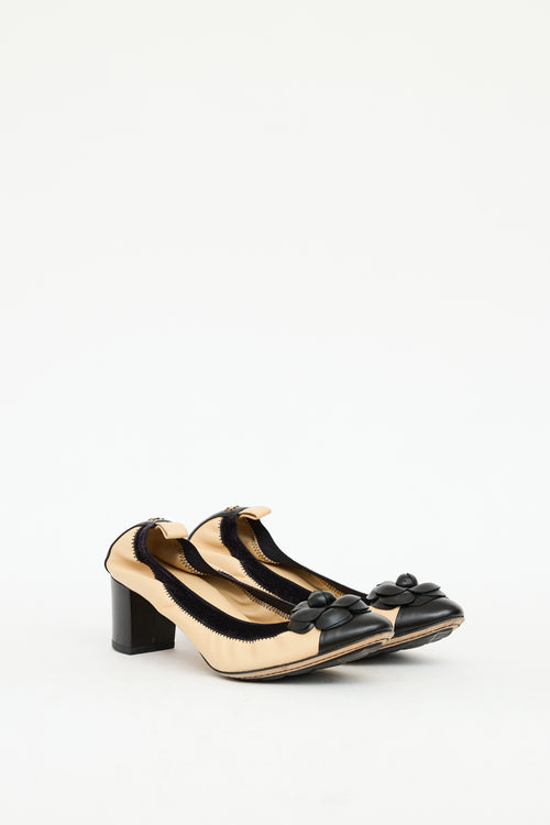 Chanel Beige & Black Leather Camelia Heel