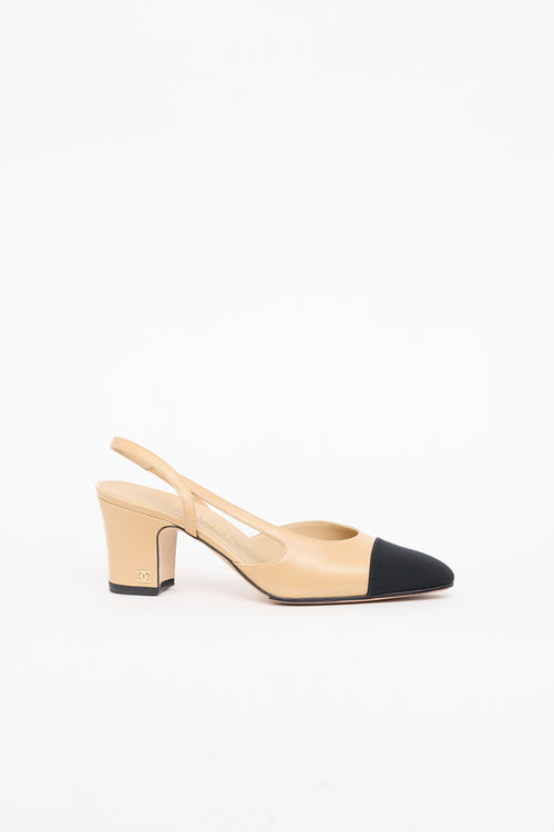 Chanel Beige & Black Cap Toe Slingback Heel