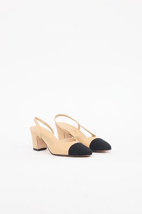 Chanel Beige & Black Cap Toe Slingback Heel