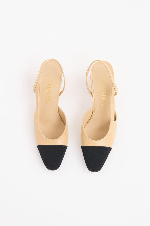 Chanel Beige & Black Cap Toe Slingback Heel