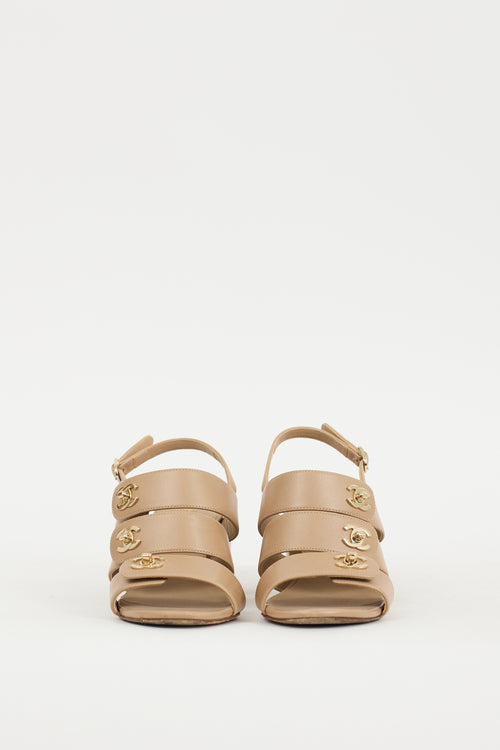 Chanel Beige & Gold Leather Strappy Sandal