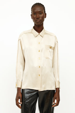Chanel Champagne Silk Button Up Blouse