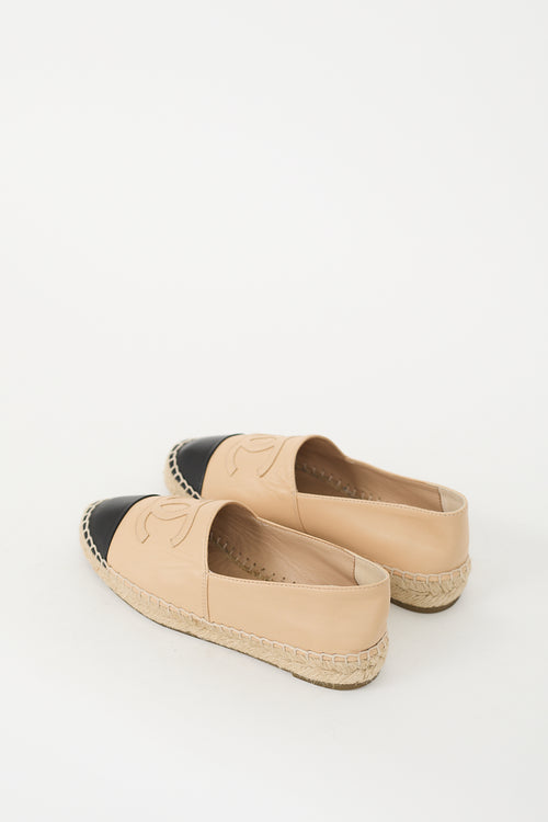 Chanel Beige & Black Leather CC Logo Espadrille Flat