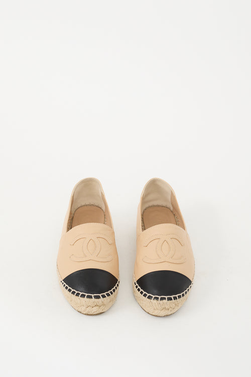 Chanel Beige & Black Leather CC Logo Espadrille Flat