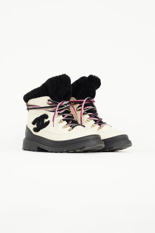 Chanel Beige Leather & Shearling CC Snow Boot