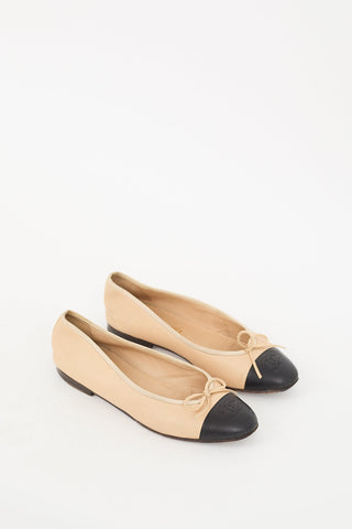 Chanel Beige & Black Leather CC Ballet Flat