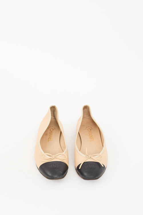 Chanel Beige & Black Leather CC Ballet Flat