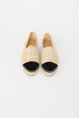 Chanel Beige & Black Suede Pearl Logo Espadrille Flat
