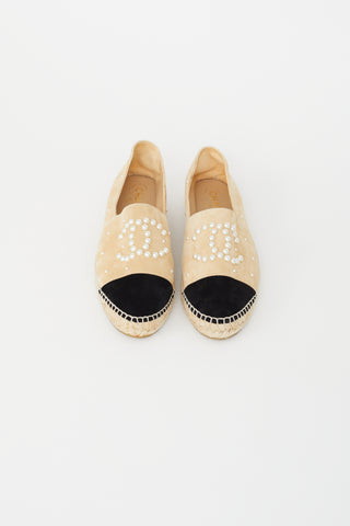Chanel Beige & Black Suede Pearl Logo Espadrille Flat