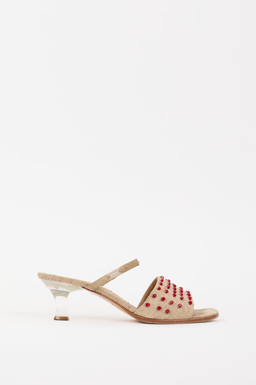 Chanel Beige & Red Suede Embellished Sandal