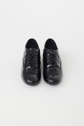 Chanel Black Patent Leather CC Pearl Heel Oxford