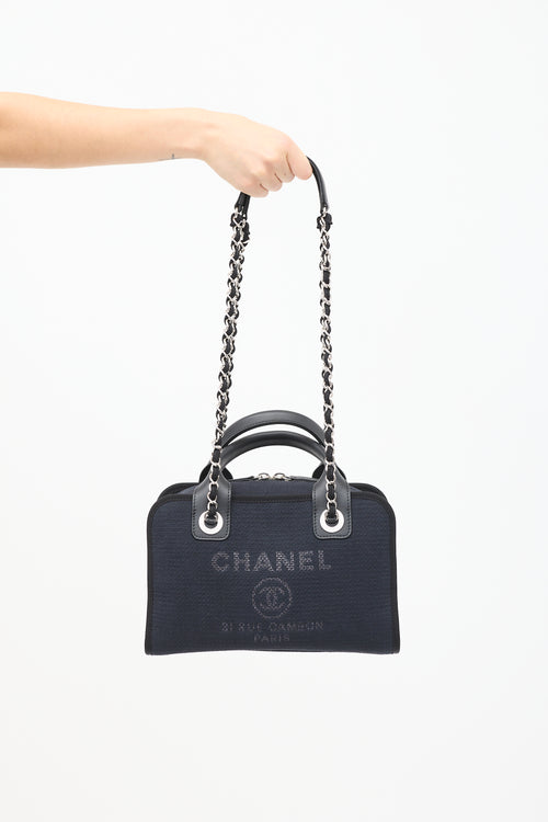 Chanel Navy Canvas Mini Deauville Two Way Chain Bowling Bag