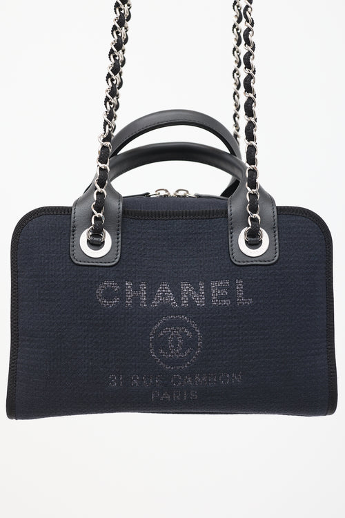 Chanel Navy Canvas Mini Deauville Two Way Chain Bowling Bag