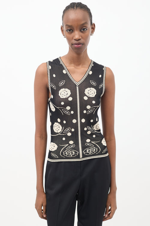 Chanel Black & Beige Knit Camellia Tank