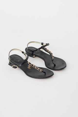 Chanel Black & Gold Chain CC T-Strap Sandal