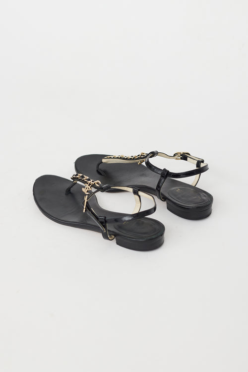 Chanel Black & Gold Chain CC T-Strap Sandal