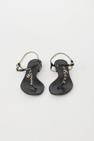 Chanel Black & Gold Chain CC T-Strap Sandal