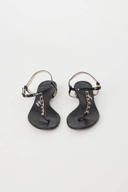 Chanel Black & Gold Chain CC T-Strap Sandal