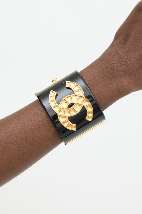 Chanel Black & Gold Resin CC Wide Cuff Bracelet