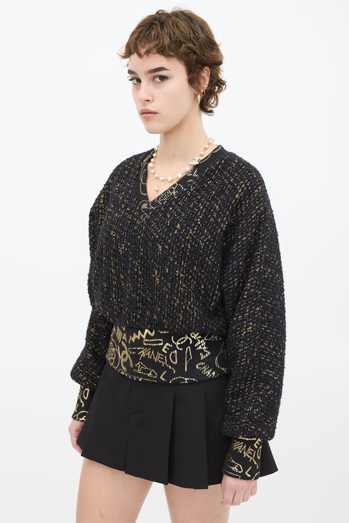 Chanel Black & Gold Tweed Graffiti V-Neck Sweater