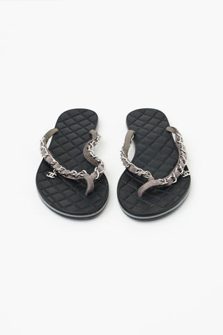 Chanel Grey & Black Suede Chain Flip Flop