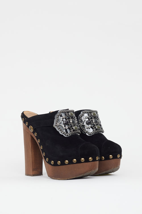 Chanel Black & Brown Suede Embellished Platform Clog