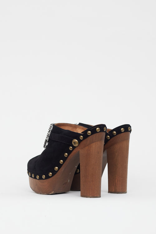 Chanel Black & Brown Suede Embellished Platform Clog