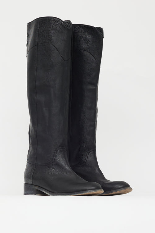 Chanel Black Leather CC Embossed Knee High Boot