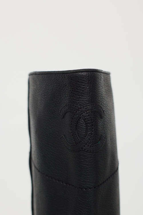 Chanel Black Leather CC Embossed Knee High Boot