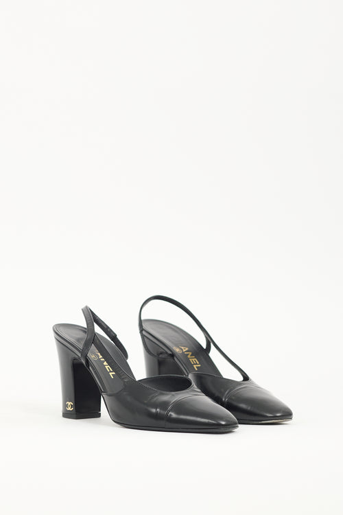 Chanel Black Leather CC Slingback Pump