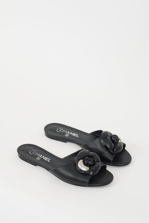 Chanel Black Leather Camellia Slide