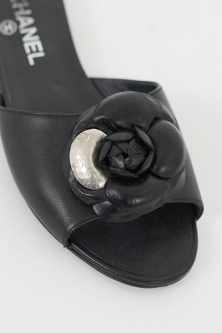 Chanel Black Leather Camellia Slide