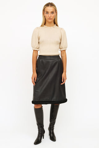 Chanel Fall 2002 Black Leather Fur Trim Skirt